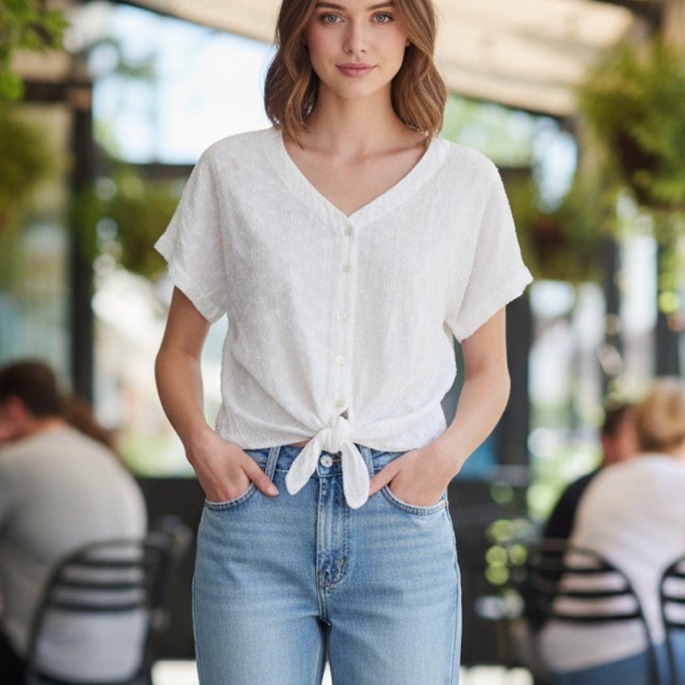 STYLE & CO button down V neck bow tie polka dot white top size SP